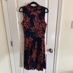 Nanette Nanette Lepore Navy & Coral Floral Smocked Pleated Midi Dress Size 14